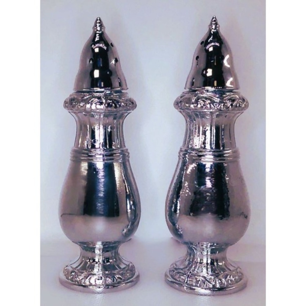Vintage Chrome Salt &amp; Pepper Shaker Set, Ornate 4.5in Tableware‎ Pair (2pc)